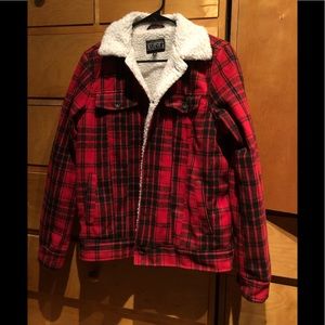 Hot Topic Exclusive Rude Plaid Flannel Sherpa lined red jacket